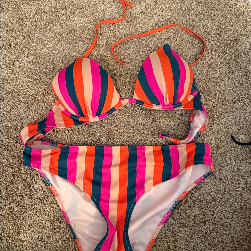 Shade & Shore Striped Bikini in Pink, Orange & Teal